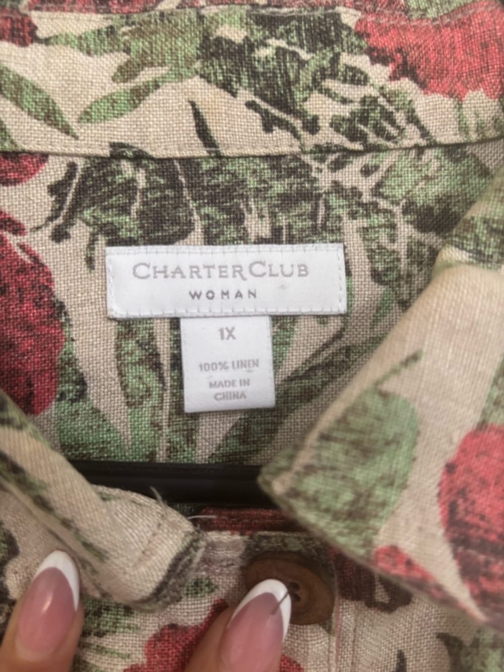 Charter Club Floral Linen Button-Front Shirt in Cream, Red & Green - Picture 2 of 5